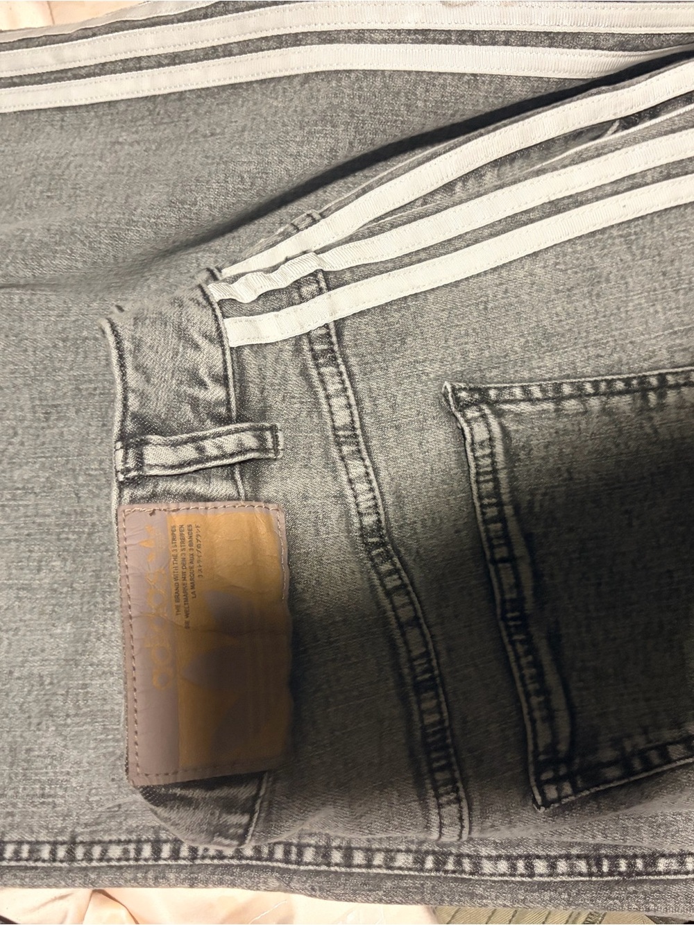 adidas Washed Grey Wide-Leg Flare Jeans with White Side Stripes - Picture 7 of 7